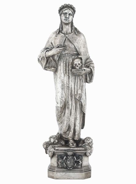 Santa Rosalia. Importante scultura in argento fuso a cera persa e cesellato. Firmata Giovanni Nicolini, Roma 1952, N.1  - Asta Argenti da collezione | XX secolo - Associazione Nazionale - Case d'Asta italiane