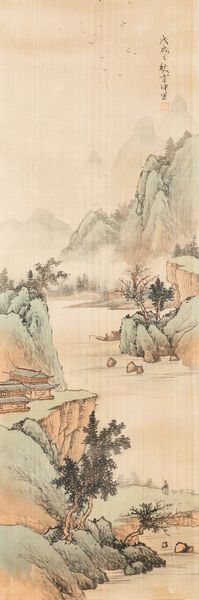 Dipinto su seta raffigurante paesaggio fluviale con villaggio, pescatore e iscrizione, Cina, Dinastia Qing, XIX secolo  - Asta Arte Orientale - Associazione Nazionale - Case d'Asta italiane