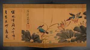 Libro contenente disegni su carta raffiguranti scena a soggetto naturalistico con volatili e iscrizione, Cina, Dinastia Qing, XIX secolo  - Asta Arte Orientale - Associazione Nazionale - Case d'Asta italiane