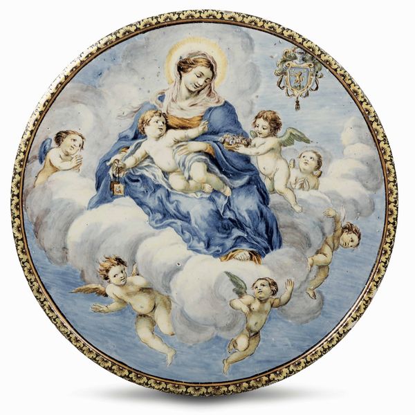 Alzatina con la Madonna del Carmelo<BR>Castelli dAbruzzo, Carlo Antonio Grue (1655-1723), 1710-1720<BR><BR>  - Asta Maioliche e Porcellane - Associazione Nazionale - Case d'Asta italiane