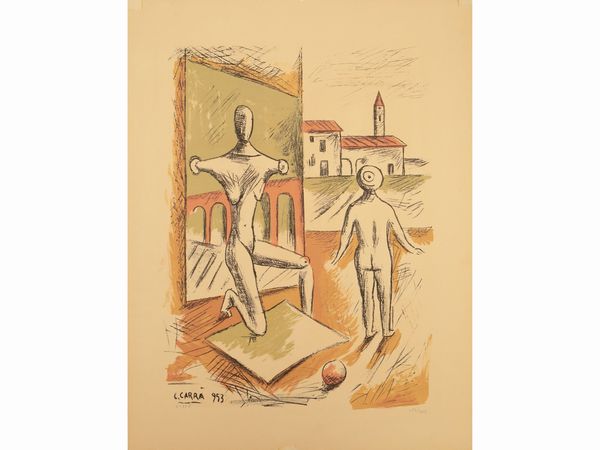 Carlo Carrà : Manichino e bambola 1953  - Asta La collezione Bucciarelli: dipinti, grafiche, edizioni d'artista - Associazione Nazionale - Case d'Asta italiane