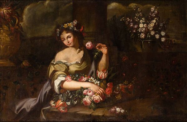 Abraham Brueghel : Figure femminili con composizioni di fiori e frutti  - Asta Old Masters - Associazione Nazionale - Case d'Asta italiane