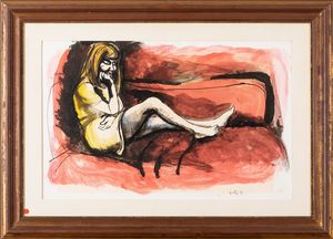 Renato Guttuso : Donna sdraiata su fondo rosso  - Asta Arte Moderna e Contemporanea - Associazione Nazionale - Case d'Asta italiane