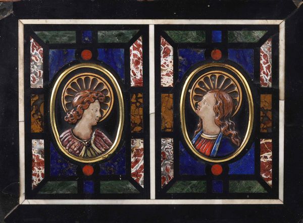 Placca raffigurante lAnnunciazione. Pietre dure a commesso e scolpite. Firenze inizio XVIII secolo, botteghe Granducali, ambito di Francesco Ghinghi (Firenze 1689 - Napoli 1762)  - Asta Scultura e Oggetti d'Arte - Associazione Nazionale - Case d'Asta italiane