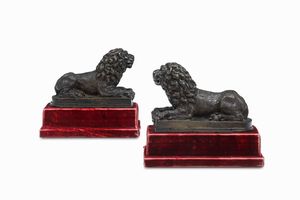 Coppia di leoni. Bronzo fuso e patinato. Fonditore veneto rinascimentale del XVI secolo  - Asta Scultura e Oggetti d'Arte - Associazione Nazionale - Case d'Asta italiane