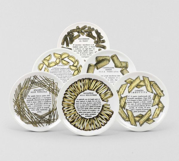 Piero Fornasetti : Set di sei piatti con decoro Ricette della pasta.  - Asta Design Lab - Associazione Nazionale - Case d'Asta italiane