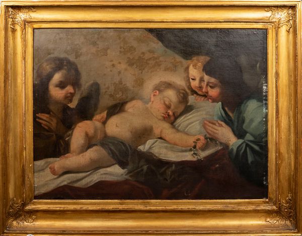 Scuola romana, fine secolo XVII - inizi secolo XVIII : Ges Bambino adorato dagli angeli  - Asta Incanti d'arte - Associazione Nazionale - Case d'Asta italiane