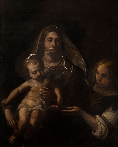 Scuola dell'Italia settentrionale, secolo XVII : Madonna con Bambino e un Angelo  - Asta Incanti d'arte - Associazione Nazionale - Case d'Asta italiane