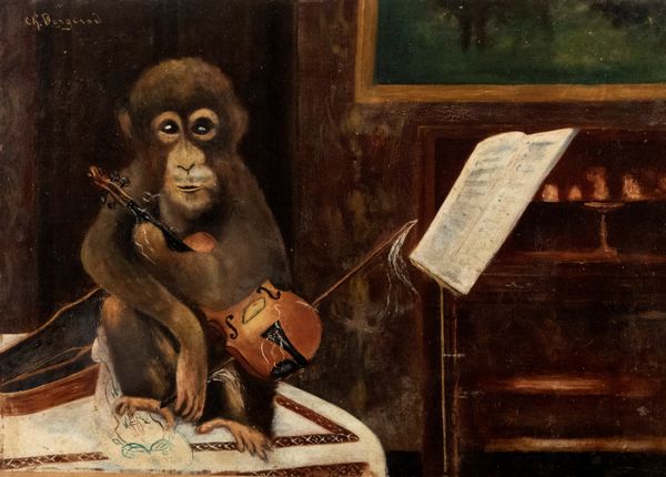 Scuola francese, fine secolo XIX - inizi secolo XX : Interno con scimmia e violino  - Asta Incanti d'arte - Associazione Nazionale - Case d'Asta italiane