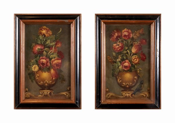 Scuola italiana, secolo XX : Coppia di nature morte con fiori in un vaso  - Asta Incanti d'arte - Associazione Nazionale - Case d'Asta italiane