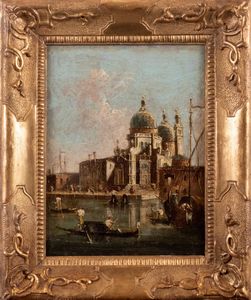 Imitatore di Francesco Guardi : Veduta di Punta della Dogana con Santa Maria della Salute  - Asta Incanti d'arte - Associazione Nazionale - Case d'Asta italiane