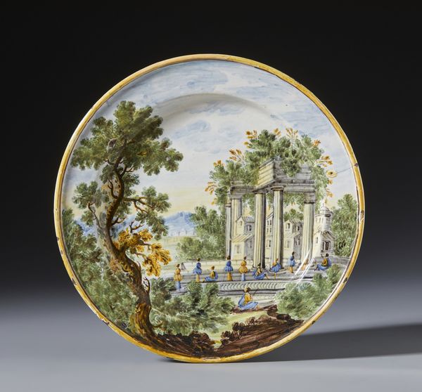 CASTELLI D'ABRUZZO, XVIII SECOLO : Piatto in maiolica policroma raffigurante un paesaggio con rovine e personaggi  - Asta Asta 395 | ARTE ANTICA E DEL XIX SECOLO Online - Associazione Nazionale - Case d'Asta italiane