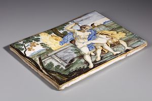 CASTELLI D'ABRUZZO, XVIII SECOLO : Placca in maiolica policroma raffigurante Caino e Abele  - Asta Asta 395 | ARTE ANTICA E DEL XIX SECOLO Online - Associazione Nazionale - Case d'Asta italiane