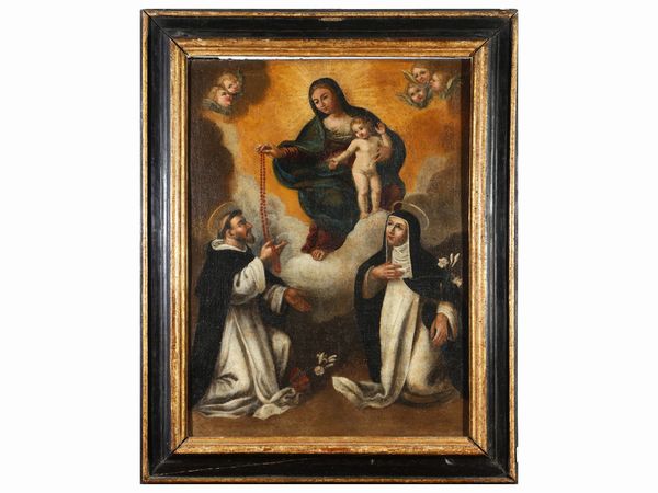 Scuola toscana del XVIII secolo : Madonna del Rosario con San Domenico di Guzman e Santa Caterina da Siena  - Asta L'Arte di Arredare - Associazione Nazionale - Case d'Asta italiane