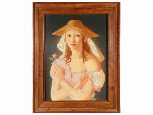 Maniera della Pittura del primo Rinascimento : Ritratto di fanciulla con rosa  - Asta L'Arte di Arredare - Associazione Nazionale - Case d'Asta italiane