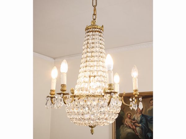 Lampadario a paniere in metallo dorato e cristallo  - Asta L'Arte di Arredare - Associazione Nazionale - Case d'Asta italiane