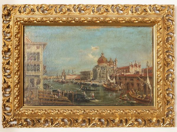 Scuola veneta del XIX secolo : Scorcio veneziano con la Basilica della Salute  - Asta L'Arte di Arredare - Associazione Nazionale - Case d'Asta italiane