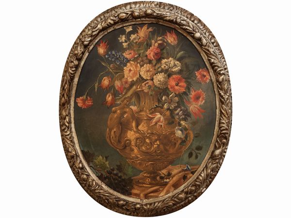 Cerchia di Nicola Casissa : Trionfo di fiori in vaso scolpito  - Asta L'Arte di Arredare - Associazione Nazionale - Case d'Asta italiane