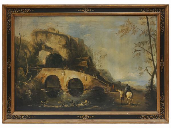 Da Salvator Rosa : Paesaggio con ponte fatiscente  - Asta L'Arte di Arredare - Associazione Nazionale - Case d'Asta italiane