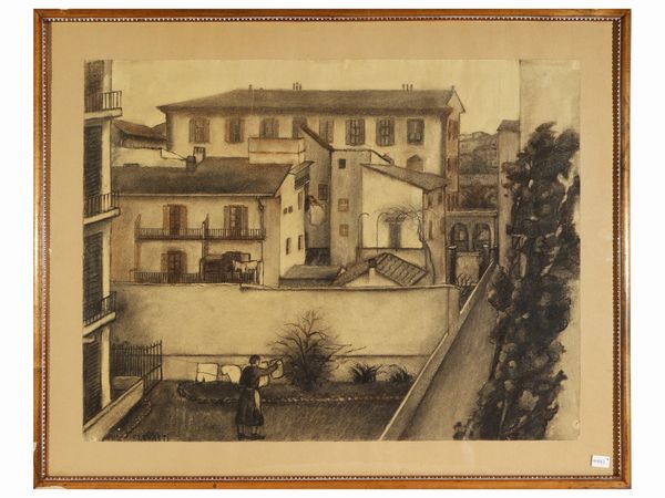 Fillide Levasti : Cortile con donna che stende i panni 1936-1937 circa  - Asta Arte Moderna e Contemporanea - Associazione Nazionale - Case d'Asta italiane