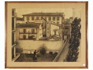 Fillide Levasti - Cortile con donna che stende i panni 1936-1937 circa