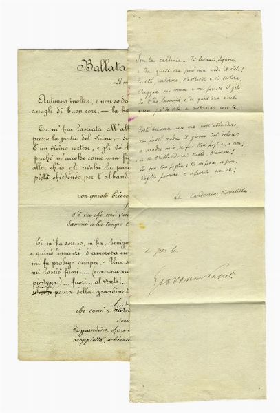 Giovanni Pascoli : Son la cardenia [...]. Componimento poetico.  - Asta Libri, autografi e manoscritti - Associazione Nazionale - Case d'Asta italiane