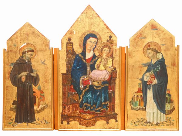 Maniera della pittura gotica : Trittico raffigurante Madonna con Bambino in trono con i Santi Francesco e Domenico di Guzman  - Asta L'Arte di Arredare - Associazione Nazionale - Case d'Asta italiane