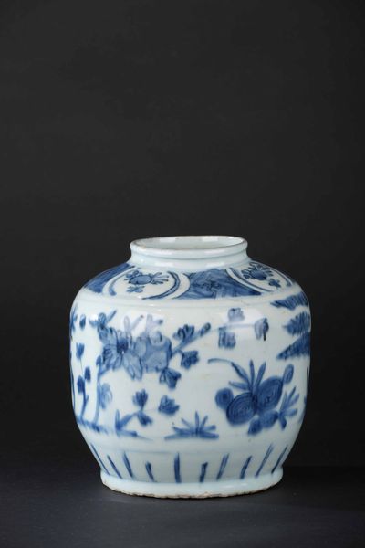 Giara in porcellana bianca e blu con soggetti naturalistici e decori floreali entro riserve, Cina, Dinastia Qing, epoca Shunzhi (1644-1661)  - Asta Arte orientale - Associazione Nazionale - Case d'Asta italiane