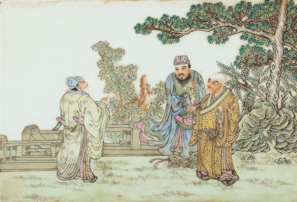 Placca in porcellana con figure di saggi e iscrizioni, Cina, Repubblica, XX secolo  - Asta Arte orientale - Associazione Nazionale - Case d'Asta italiane