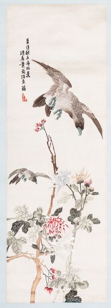 Ricamo su seta raffigurante scena naturalistica con aquile, peonie in fiore e iscrizione, Cina, Repubblica, XX secolo  - Asta Arte orientale - Associazione Nazionale - Case d'Asta italiane