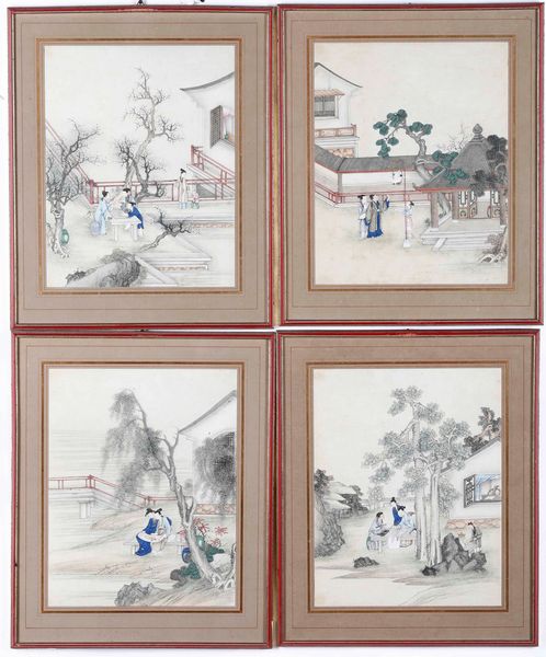 Quattro dipinti su carta raffiguranti scene di vita comune, Cina, Dinastia Qing, XIX secolo  - Asta Arte orientale - Associazione Nazionale - Case d'Asta italiane