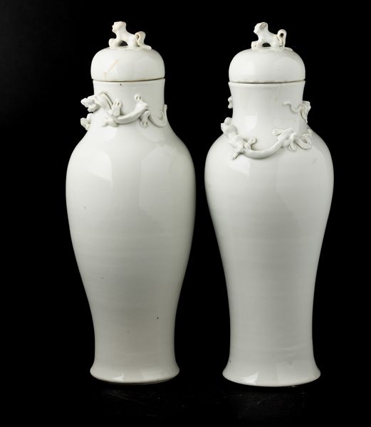 Coppia di potiches in porcellana Blanc de Chine con figure di draghetti a rilievo, Cina, Dinastia Qing, epoca Jiaqing (1796-1820)  - Asta Fine Chinese Works of Art - Associazione Nazionale - Case d'Asta italiane