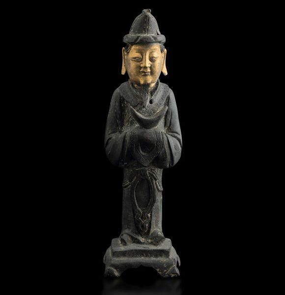 Figura di saggio stante in bronzo parzialmente dorato a freddo, Cina, Dinastia Ming, XVII secolo  - Asta Fine Chinese Works of Art - Associazione Nazionale - Case d'Asta italiane