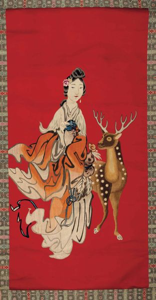 Kesi in seta raffigurante Guanyin con cerbiatto su fondo rosso, Cina, inizi XX secolo  - Asta Fine Chinese Works of Art - Associazione Nazionale - Case d'Asta italiane