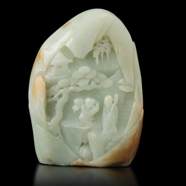 Gruppo scolpito in giada Celadon e russet raffigurante soggetto naturalistico, Cina, Dinastia Qing, XIX secolo  - Asta Fine Chinese Works of Art - Associazione Nazionale - Case d'Asta italiane