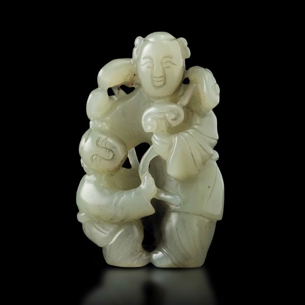 Gruppo scolpito in giada Celadon raffigurante saggio con fanciullo, Cina, Dinastia Qing, XIX secolo  - Asta Fine Chinese Works of Art - Associazione Nazionale - Case d'Asta italiane