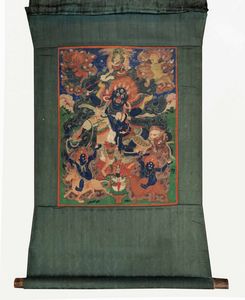 Thangka su seta raffigurante divinit centrale a cavallo e altre divinit, Tibet, XVIII secolo  - Asta Fine Chinese Works of Art - Associazione Nazionale - Case d'Asta italiane