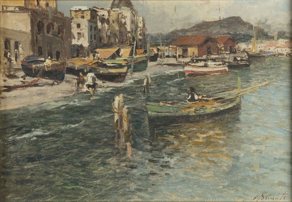 BRIANTE EZELINO (1901 - 1971) : Paesaggio con barche e case  - Asta Asta 401 | ARTE ANTICA E DEL XIX SECOLO Online - Associazione Nazionale - Case d'Asta italiane