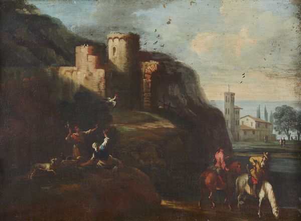 ARTISTA DEL XVII-XVIII SECOLO : Paesaggio con figure, rovine e marina sullo sfondo  - Asta Asta 401 | ARTE ANTICA E DEL XIX SECOLO Online - Associazione Nazionale - Case d'Asta italiane