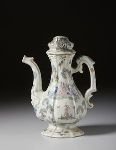 MANIFATTURA GIUSEPPE BARTOLUCCI, PESARO, 1760 CIRCA : Caffettiera in maiolica con corpo piriforme e costolato, decorato con motivo 'a paesini' in bruno di manganese  - Asta Asta 401 | ARTE ANTICA E DEL XIX SECOLO Online - Associazione Nazionale - Case d'Asta italiane