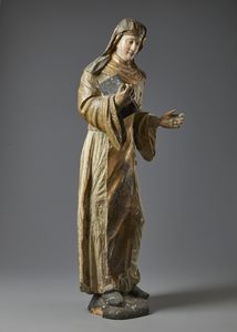 SCULTORE DEL XVI SECOLO : Figura di santa in legno intagliato e parzialmente dorato, probabilmente Santa Brigida o Santa Scolastica  - Asta Asta 401 | ARTE ANTICA E DEL XIX SECOLO Online - Associazione Nazionale - Case d'Asta italiane