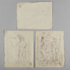 ARTISTA DEL XVIII SECOLO : Gruppo di tre disegni raffiguranti Dioniso e Arianna, moschettiere e crocefissione di San Pietro  - Asta Asta 401 | ARTE ANTICA E DEL XIX SECOLO Online - Associazione Nazionale - Case d'Asta italiane