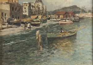 BRIANTE EZELINO (1901 - 1971) - Paesaggio con barche e case