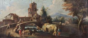 ARTISTA DEL XVIII SECOLO - Paesaggio con ponte e personaggi