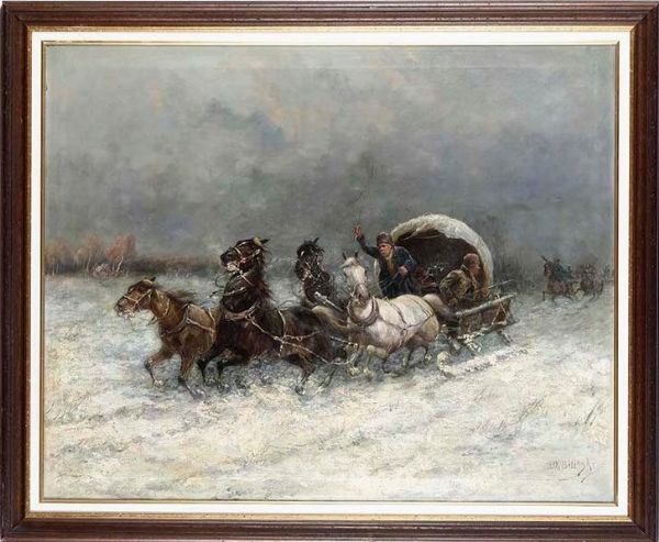 Firma O. Bilinsky Calesse sulla neve  - Asta Dipinti del XIX-XX secolo - Associazione Nazionale - Case d'Asta italiane