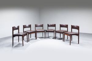 GIANFRANCO FRATTINI : Sei sedie in legno  sedute imbottite e foderate in pelle. Prod. Cassina anni '50 cm 75x48x50  - Asta Design - Associazione Nazionale - Case d'Asta italiane