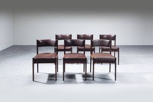 GIANFRANCO FRATTINI : Sei sedie in legno  sedute imbottite e foderate in pelle. Prod. Cassina anni '50 cm 75x48x50  - Asta Design - Associazione Nazionale - Case d'Asta italiane