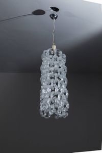 F.LLI TOSO : Lampadario con struttura in metallo ed elementi diffusori componibili in vetro di Murano. Prod. F.lli Toso anni '70 cm 125x30  - Asta Design - Associazione Nazionale - Case d'Asta italiane