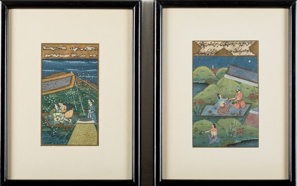 Quattro miniature su carta raffiguranti scene galanti con iscrizioni, India, XIX secolo  - Asta Asian Art - Associazione Nazionale - Case d'Asta italiane