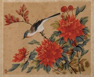 Quattro dipinti su seta raffiguranti soggetti naturalistici con uccellini tra i rami, Cina, XX secolo  - Asta Asian Art - Associazione Nazionale - Case d'Asta italiane